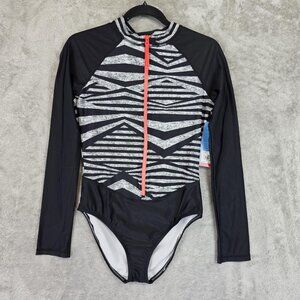 Speedo Swimsuit Womens Medium Black Geometric Long Sleeve One Piece Rash Guard